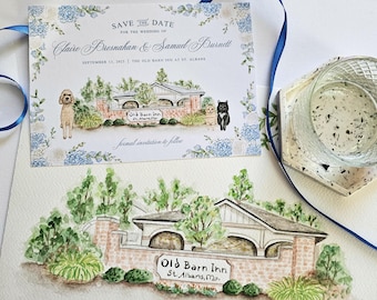 Custom Save The Date, Venue Wedding and Pet Illustration, Hand Painted with Real Watercolors