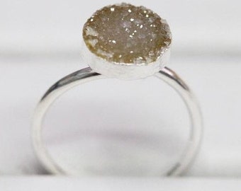 8 mm natural agate druzy gemstone adjustable ring silver edged