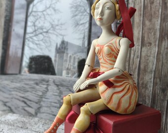 Articulated Ceramic Hanging Doll — Medieval-Inspired Porcelain Sculpture with Velvet Detail