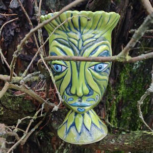 Green man face vase. Druids pottery art. Unique esoteric art piece hand sculpted.