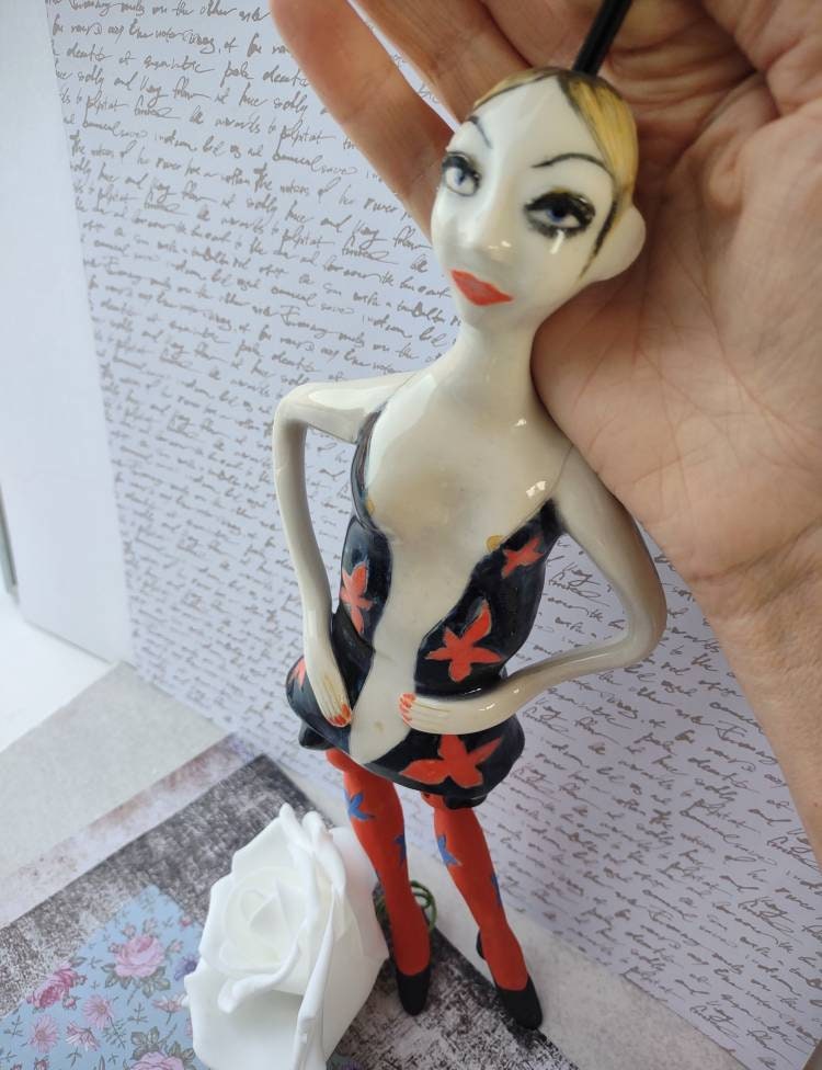 Bell-Shaped Ceramic Hanging Doll – Flirty Figurine with Dangling Legs and Red Stockings