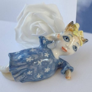 Cat girl in blue flower dress laying figurine. One of a kind porcelain sculpture. Whimsical and cute little person character.