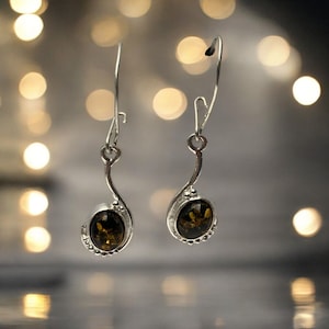 Sterling Silver 925 Green Amber Drop Dangle Earrings, Beautiful Accents