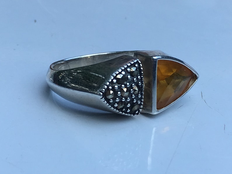 Yellow Citrine Trillion Cut Gemstone with Marcasite Accents Set in Sterling Silver Size 7 12 Ring Fine Vintage Ladies Classic Woman Jewelry