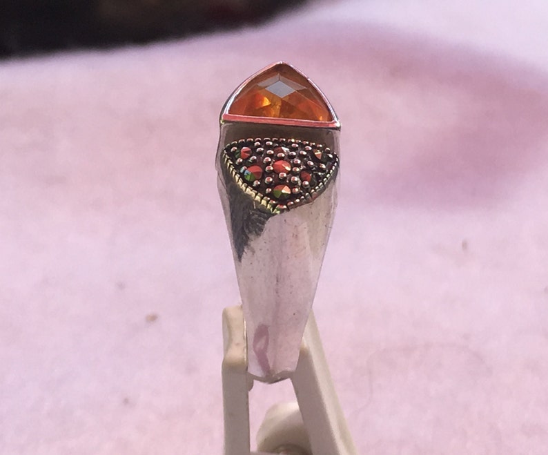 Yellow Citrine Trillion Cut Gemstone with Marcasite Accents Set in Sterling Silver Size 7 12 Ring Fine Vintage Ladies Classic Woman Jewelry
