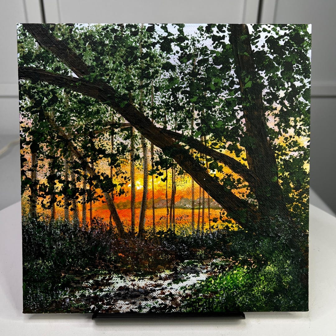 Sunset Through the Trees Hand-painted Acrylic Artwork Unframed 8 X 8 ...