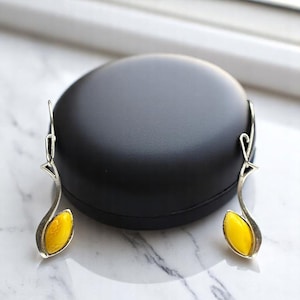 Yellow Amber & Sterling Silver Drop Earrings For Women
