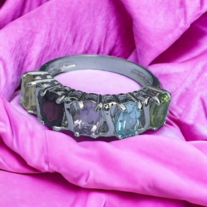 Lovely Sterling Silver Women&#39;s Multi-Stone Ring, Size 7, Garnet Amethyst Topaz
