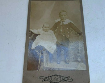 Vintage Antique 2 Children Black and White Photo Photograph on Cardboard