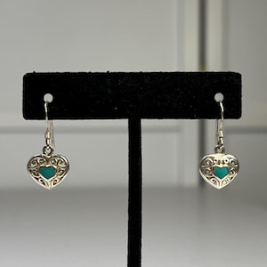 Silver-Tone Heart Filigree Earrings With Turquoise Accent Drop Dangle For Women