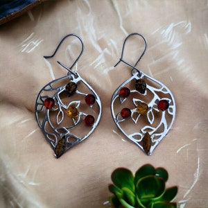 Sterling Silver 925 Amber Leaf Design Drop Dangle Earrings With 6 Amber Stones