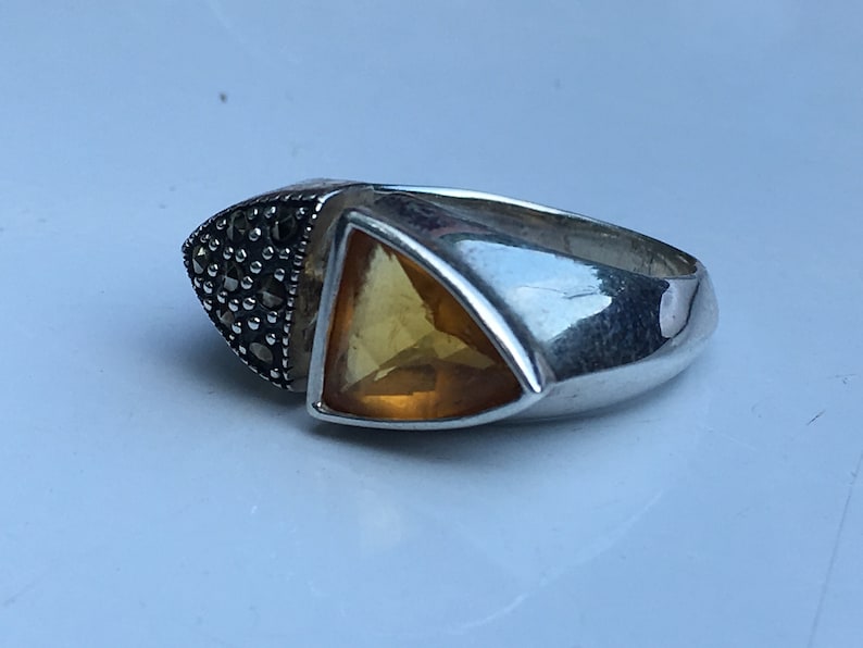 Yellow Citrine Trillion Cut Gemstone with Marcasite Accents Set in Sterling Silver Size 7 12 Ring Fine Vintage Ladies Classic Woman Jewelry