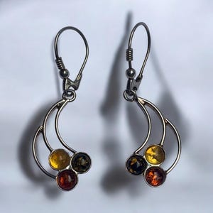 Amber Dangle Earrings With Sterling Silver Hooks & Multicolor Gemstones