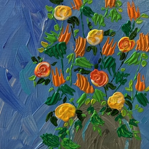 Sunny Flowers in a Vase, Abstract Floral Painting, 8&quot; x 10&quot; Signed