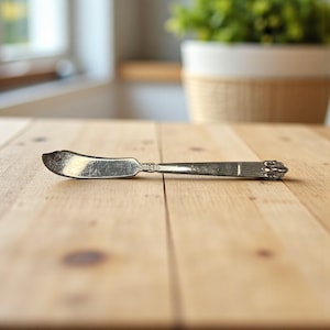 May include: A silver butter knife with a curved blade and ornate handle rests on a wooden surface. The knife has a decorative design on the handle and a slightly worn appearance, suggesting age and use. The background is blurred.