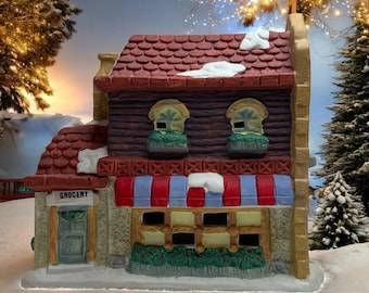 Winter Village Grocery Store, Christmas Village Lighted Building from 1990s