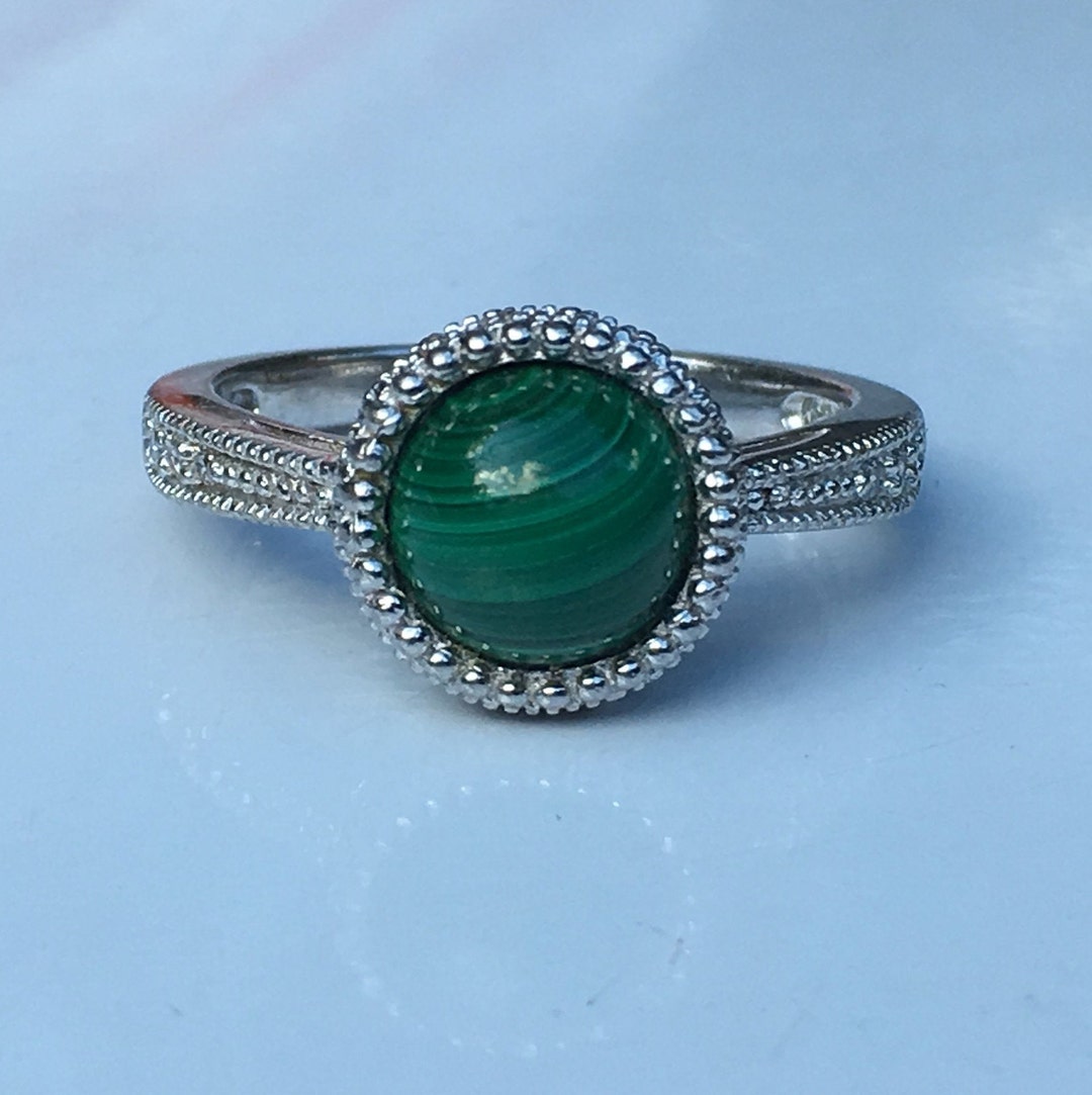 Malachite Sterling Silver Ring With Simulated Diamonds Size 8 1/4