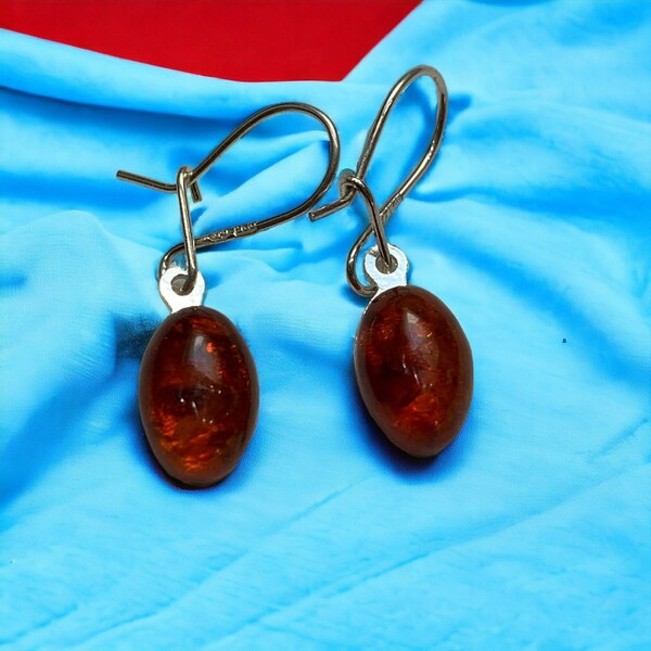 Sterling Silver 925 Amber Drop Dangle Earrings, Beautiful Oval Stones