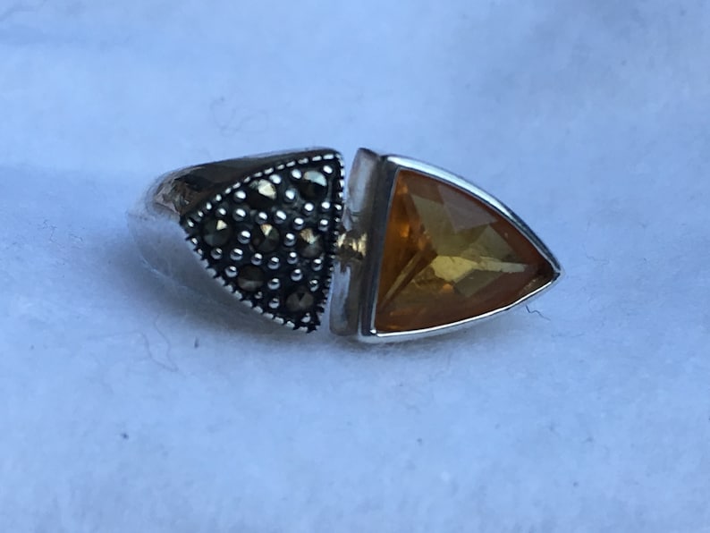 Yellow Citrine Trillion Cut Gemstone with Marcasite Accents Set in Sterling Silver Size 7 12 Ring Fine Vintage Ladies Classic Woman Jewelry