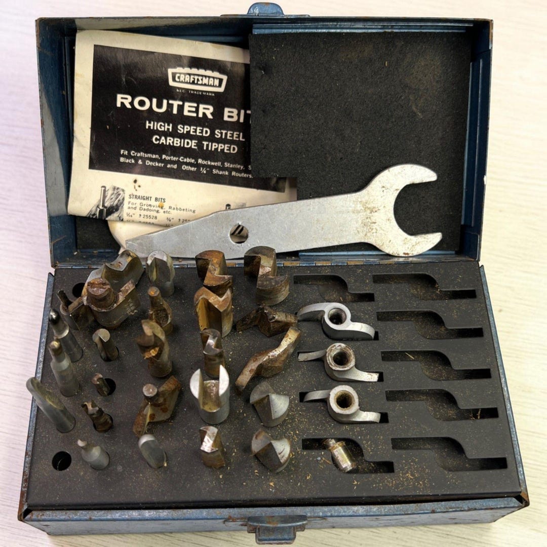 Vintage Craftsman Router Bit Kit With Blue Metal Box & Assorted Router