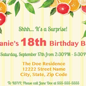 Citrus Themed Surprise 18th Birthday Customized Printable Invitation