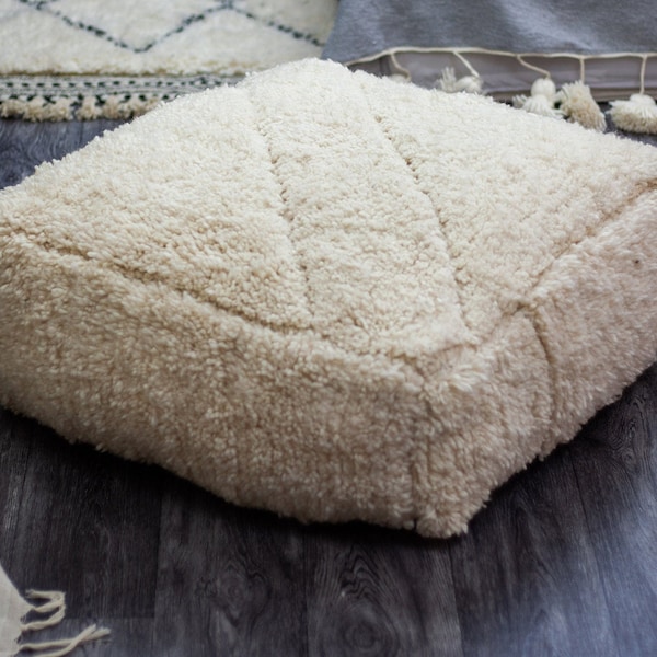 Moroccan Kilim pouf ,floor pillow ,handmade , 100% wool , Ivory .size 64x64x25 cm