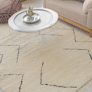 Authentic Moroccan Rug, Cream & Black Berber Patterns, Beni Ourain Rug, Berber Carpet, Floor Seating, bohemian Rug, Woven Wool.