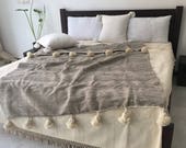 Moroccan Pom Pom blanket, bohemian blanket, Wool blanket, handmade blanket, berber blanket, bed spread, bedcover, handwoven blanket, bedding