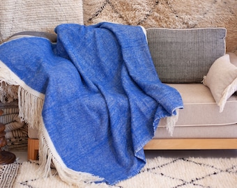 Moroccan Wool Throw Blanket with Braided Fringes,| Hand Woven, Wool Throw Blanket made by berber Weavers , Majorelle blue Throw