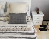 Moroccan braided tassels Blanket and throw, Pom Pom Cotton Bed Sheet, Off White, Dark Gray Stripes, loomed by hand for Bohemian Decoration
