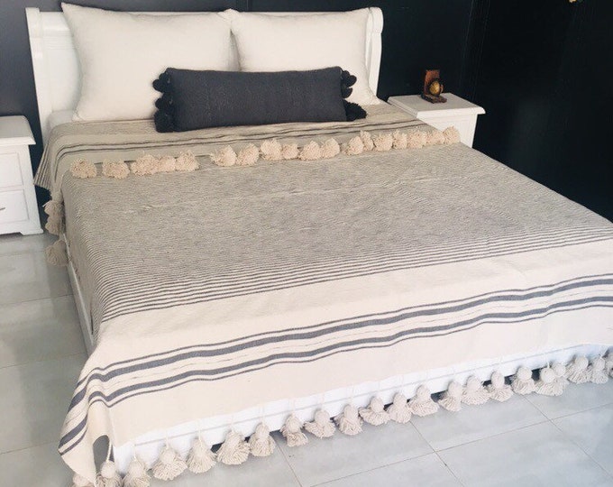 Featured listing image: Moroccan Gray & Ecru Pompom Throw Blanket with Tassels | Duvet Cover Blanket made from Hand Woven Slub Cotton | Sofa Throw | Bed End Blanket