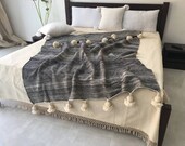 Gorgeous Wool Pom Pom Blankets made by Berber Weavers , handloomed, pompom blanket, moroccan throw ,Bed spread, Bed cover.