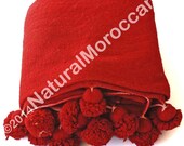 moroccan blanket with pompom loomed by hand,Moroccan throw, Bohemian , Berber blanket, Wool blanket, Handmade blanket, Bedspread,