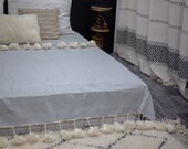 Moroccan Pom Pom Blanket, Duvet Cover Blanket , Hand Woven , Sofa Couch Throw ,Cotton blanket , Braided Tassels