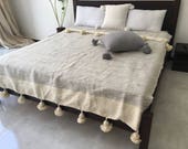 Moroccan Pom Pom blanket and throw, Bohemian blanket, Berber blanket, Wool blanket, Hand woven, Handmade blanket, Bed spread, Bed cover.