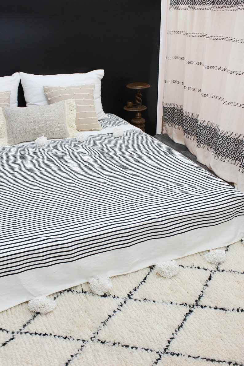 Black White cotton striped throw moroccan pompom blanket tassels throw