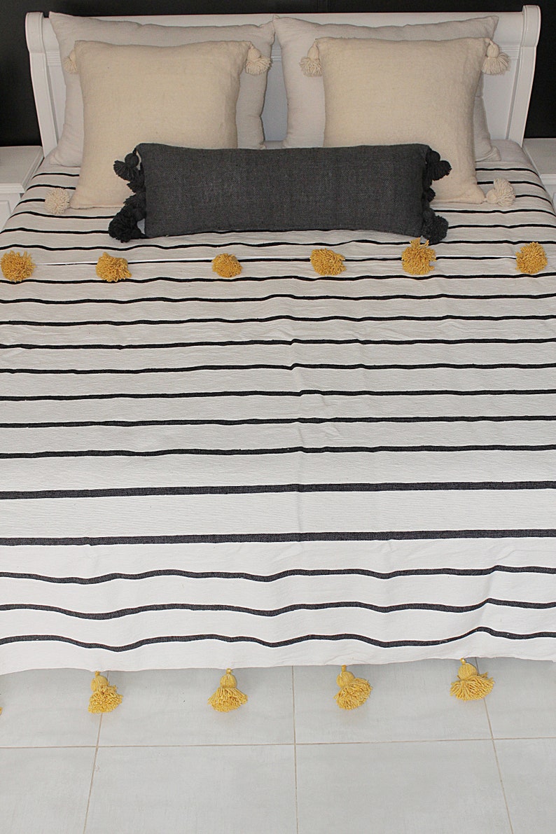 Moroccan Black & White Pom Pom Blanket Throw Striped Cotton Etsy
