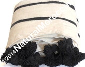 moroccan blanket with pompoms loomed by hand, Bohemian blanket, Berber blanket, Wool blanket, Hand woven, Handmade blanket, Bed spread,