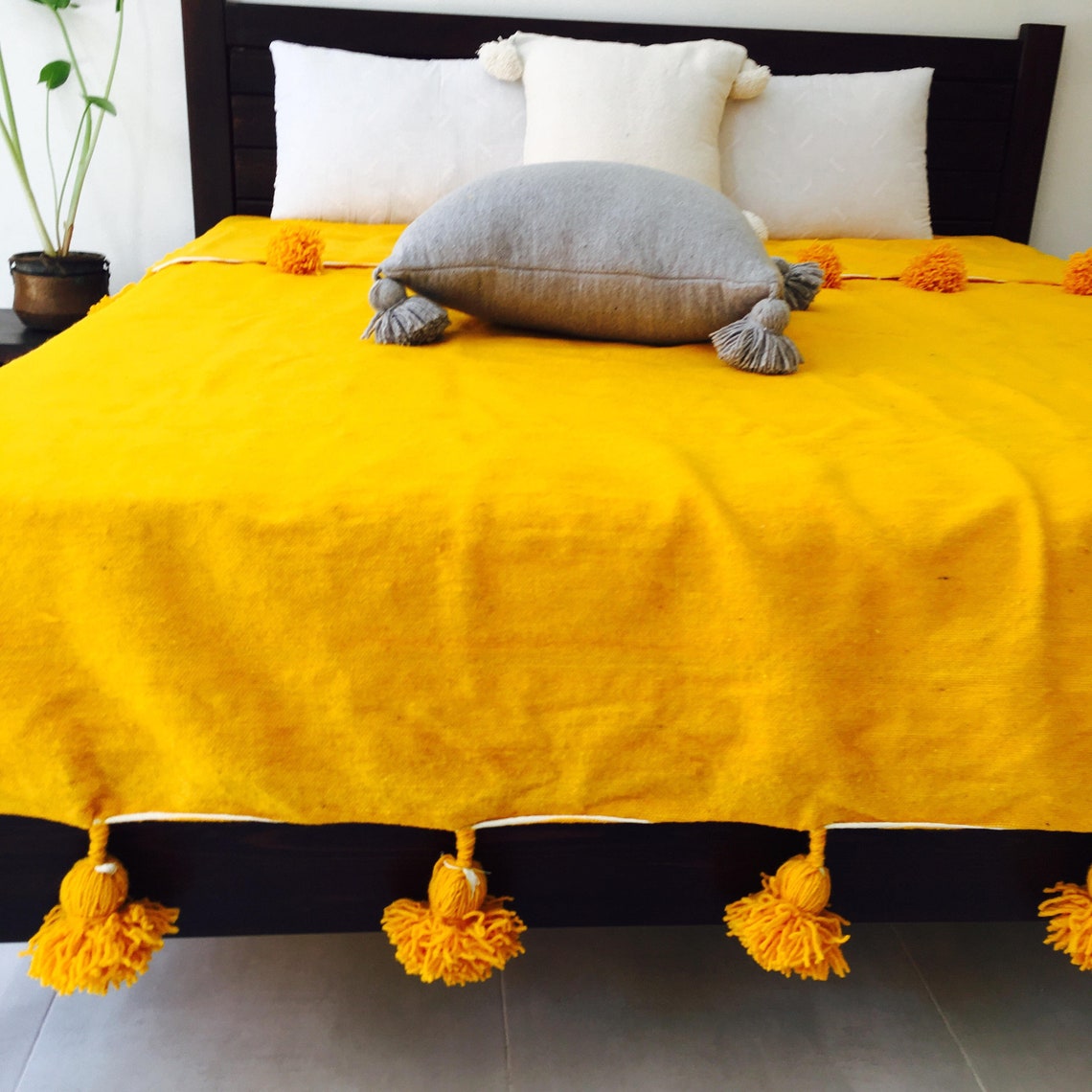 Moroccan Blanket With Pompoms Loomed by Hand Wool Throw Etsy