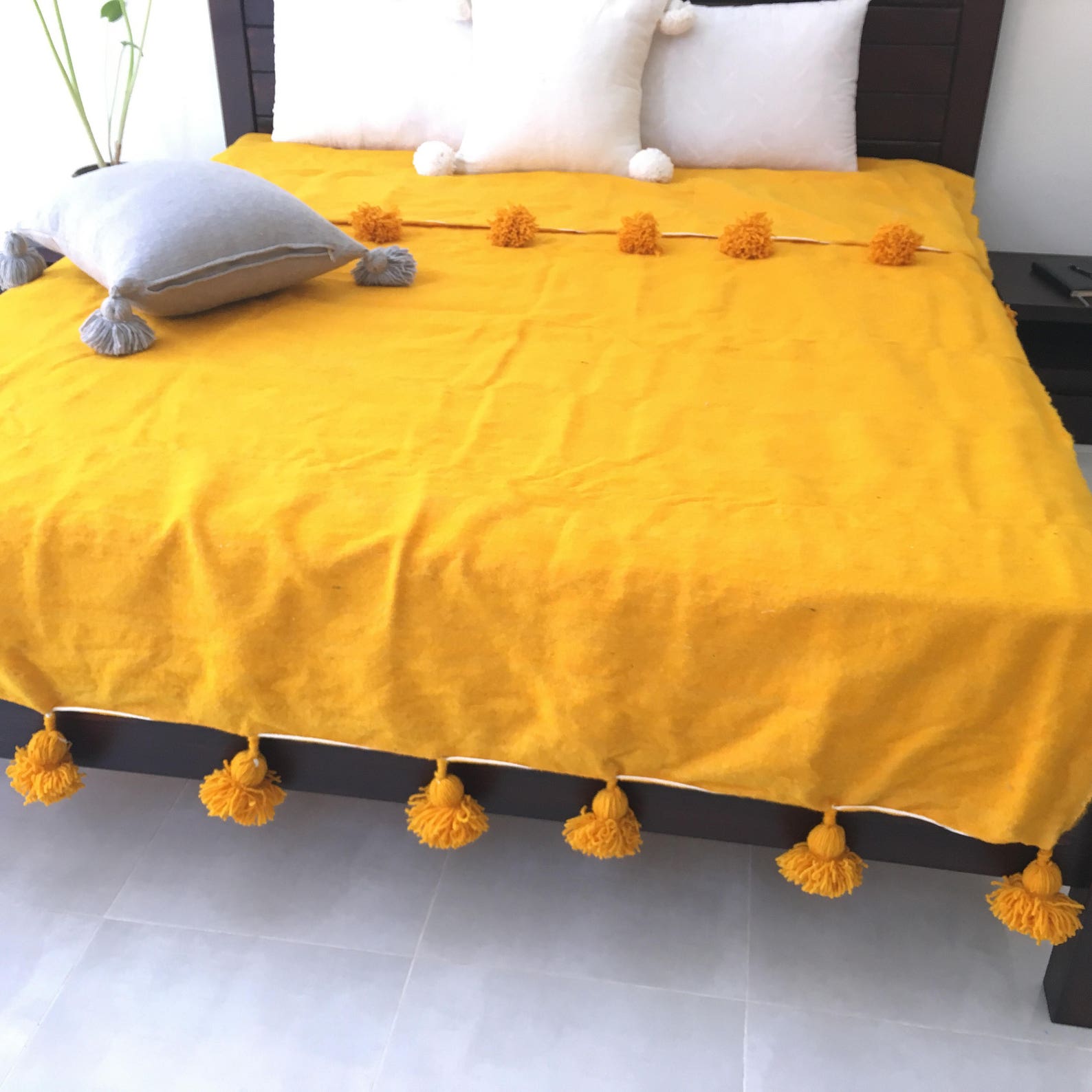 Moroccan Blanket With Pompoms Loomed by Hand Wool Throw Etsy