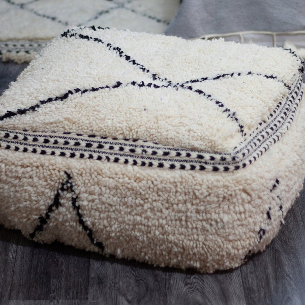 Moroccan Kilim pouf ,floor pillow ,handmade , 100% wool ,Ivory and black Pattern,size 64x64x26 cm