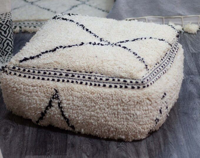 Featured listing image: Moroccan Kilim pouf ,floor pillow ,handmade , 100% wool ,Ivory and black Pattern,size 64x64x26 cm