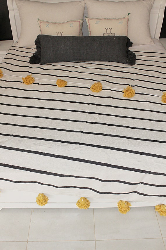 Moroccan Black & White Pom Pom Blanket Throw Striped Cotton Etsy