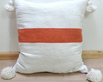 Lumbar Pillow Cover, White & Brunt Orange Handwoven Cotton - Handmade Beautiful Moroccan Pillow Cushion with pompoms hand-loomed in Morocco