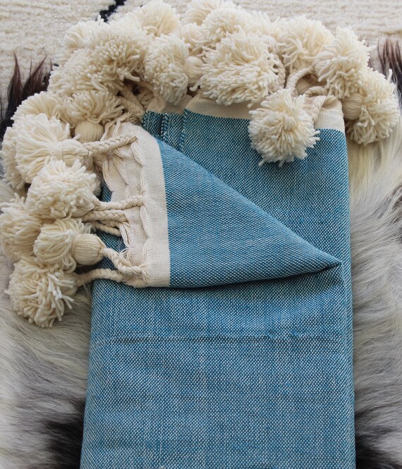 Moroccan Pom Pom Turquoise Cotton Blanket and Throw With Braided Tassels Loomed by Hand for Eclectic Bohemian and Berber Decoration Etsy Ireland
