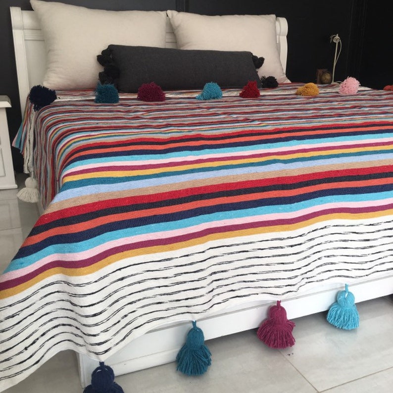 Colorful Moroccan Pom Pom Throw Blanket with Tassels Duvet Etsy