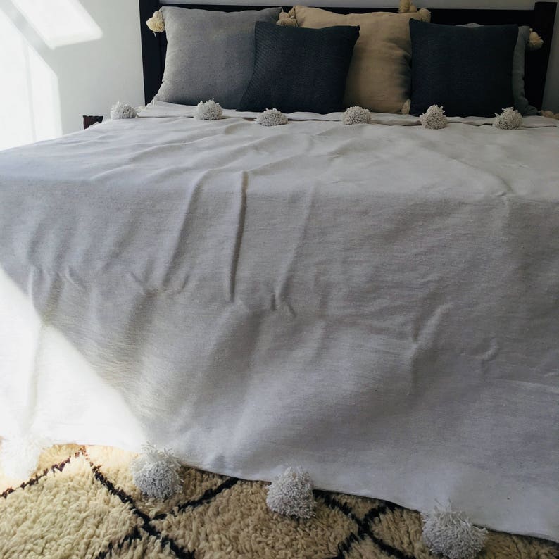 Moroccan White Pompom Throw Blanket with Tassel Duvet ...