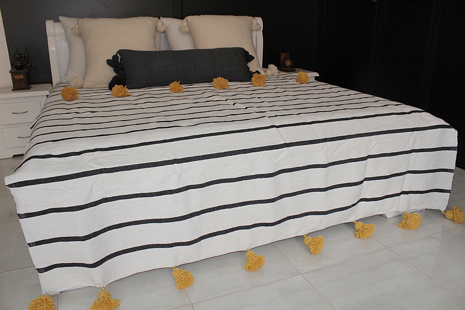 Moroccan Black & White Pom Pom Blanket Throw Striped Cotton Etsy