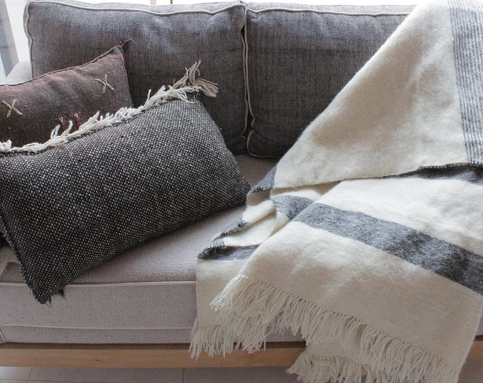 Featured listing image: Moroccan 100% Wool throw, hand-loomed throw, ivory with black pattern.