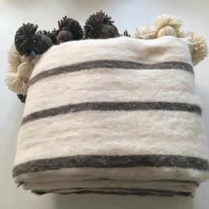 Moroccan Pom Pom blanket and throw, Ivory White with dark brown stripes- Bohemian blanket, Berber blanket, Wool blanket, Handwoven, Handmade